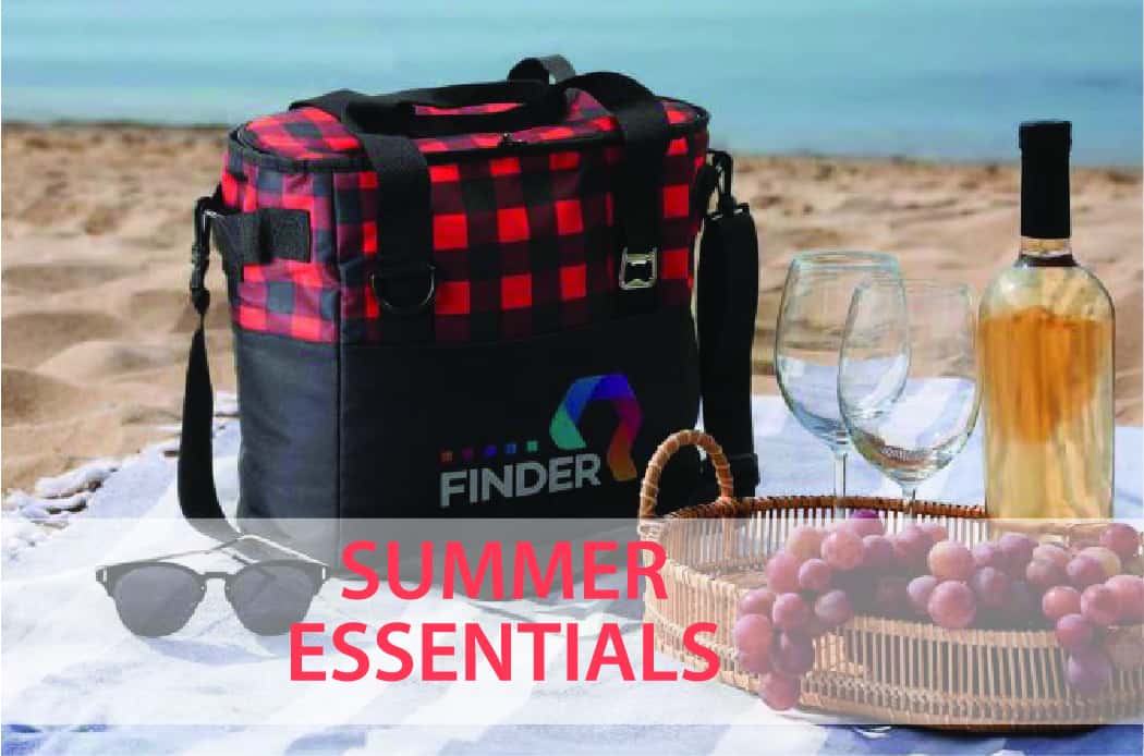 Summer essential graphic with a photograph of a branded promotional cool bag on the beach